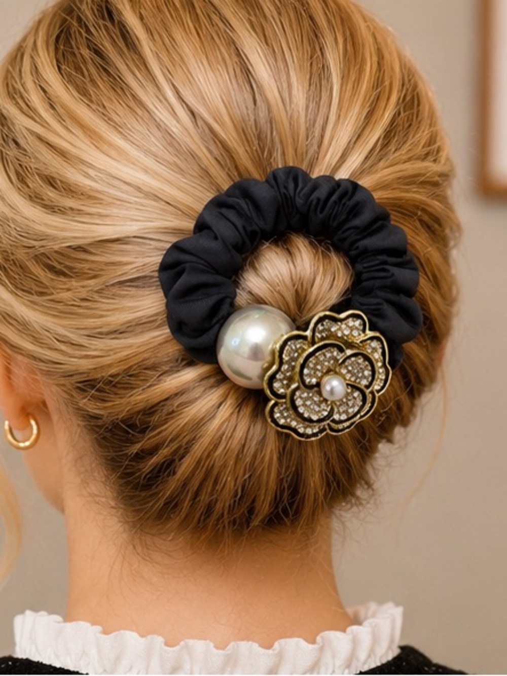 Designer Inspired Crystal Camellia Pearl Scrunchie Hair Tie Black & Gold - Picture 3 of 5